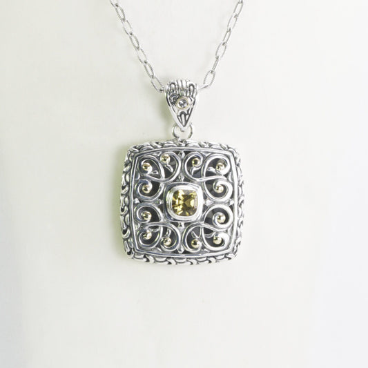 Square shape silver pendant necklace with 6 mm yellow citrine decorated with Bali handcrafted filigree art and 18K gold accent