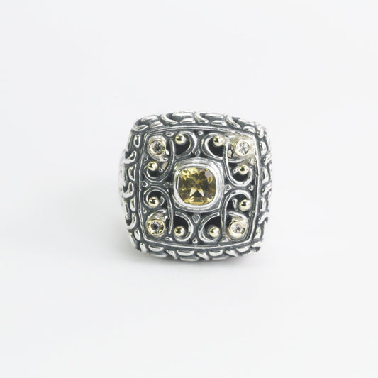 square ring 925 sterling silver with genuine yellow citrine decorated swirl filigree and 18K gold