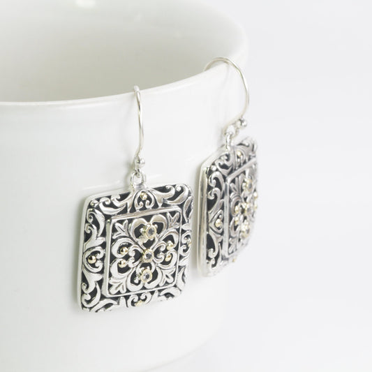 square earrings 925 sterling silver with filigree art and 18k yellow gold accent
