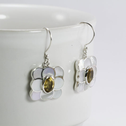 beautiful dangle drop earrings with natural yellow citrine and genuine white mother of pearl, 35 mm drop length