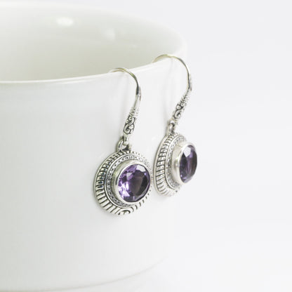 amethyst earrings round shape set in 925 sterling silver decorated with white topaz pave and cable rope edge