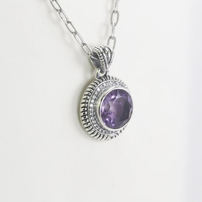 amethyst Necklace Pendant set in 925 sterling silver decorated with guanine white topaz and cable handcrafted