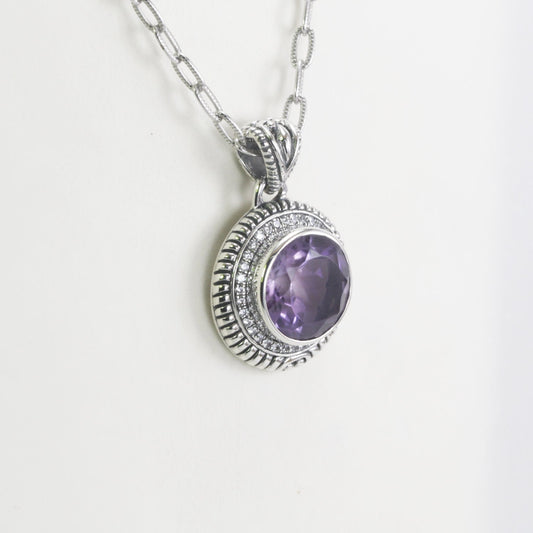 amethyst Necklace Pendant set in 925 sterling silver decorated with guanine white topaz and cable handcrafted