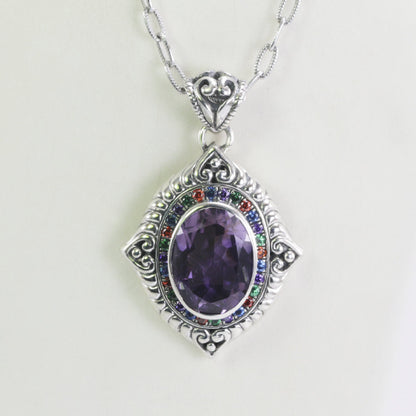 amethyst necklace pendant oval set in 925 sterling silver necklace pendant decorated with genuine white topaz Genuine