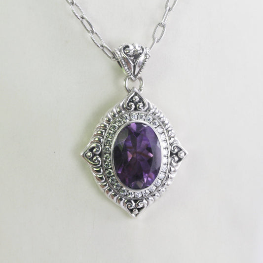 amethyst necklace pendant oval set in 925 sterling silver necklace pendant decorated with genuine white topaz Genuine