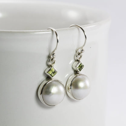 beautiful 10 mm Round white mabe pearl dangle drop earrings set in Bali handmade 925 sterling silver and natural square peridot