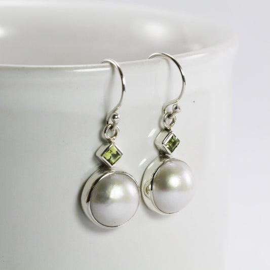 beautiful 10 mm Round white mabe pearl dangle drop earrings set in Bali handmade 925 sterling silver and natural square peridot