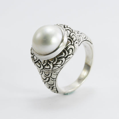 Genuine round mabe pearl ring set in 925 sterling silver decorated with dragon skin carving, 12 mm round white mabe pearl ring