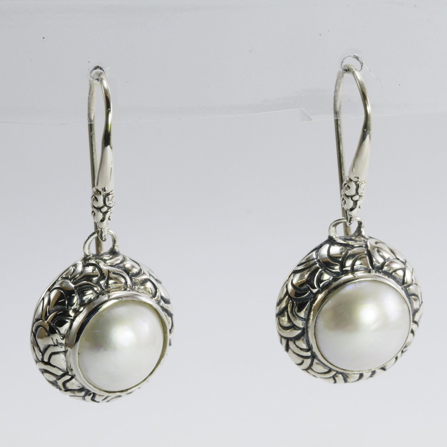 Beautiful white mabe pearl dangle drop earrings set in handmade 925 Sterling silver decorated with Dragon skin carving