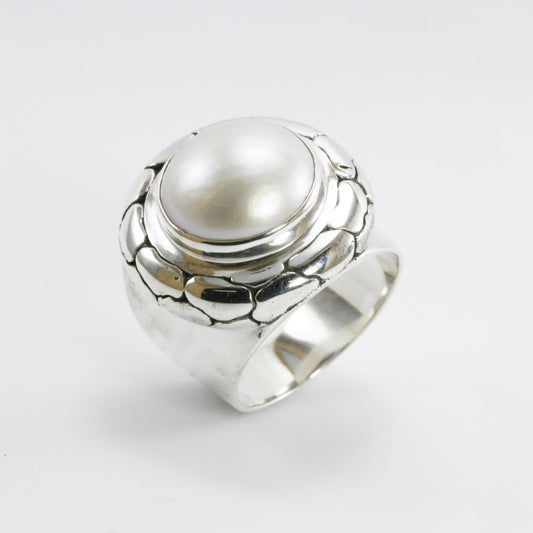 wide band ring with genuine white mabe pearl set in 925 sterling silver