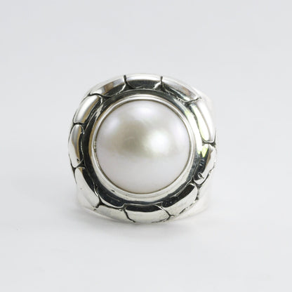 wide band ring with genuine white mabe pearl set in 925 sterling silver
