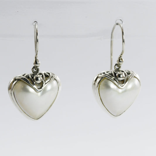 heart shape mabe pearl earrings set in 925 sterling silver decorated with filigree ornament