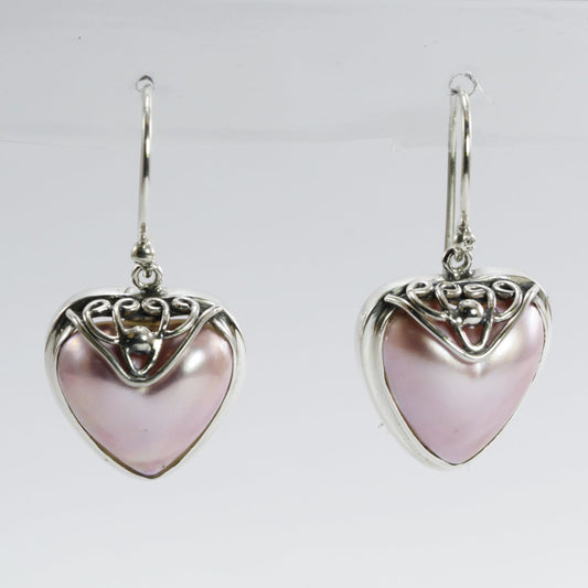heart shape mabe pearl earrings set in 925 sterling silver decorated with filigree ornament