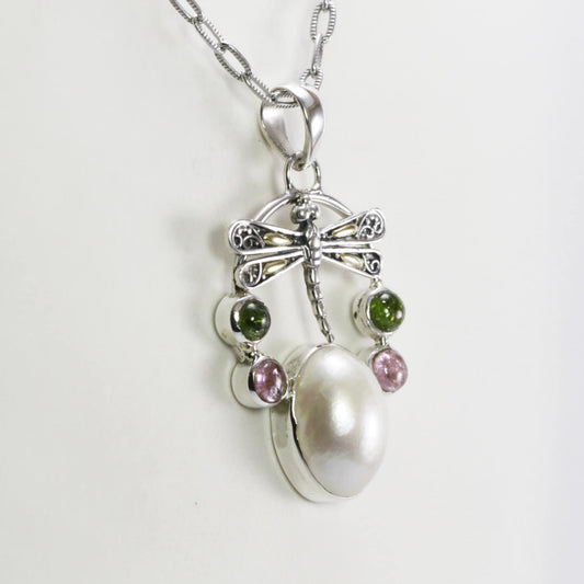 dragonfly pendant necklace 925 sterling silver, 18 k gold with genuine white mabe pearl and tourmaline