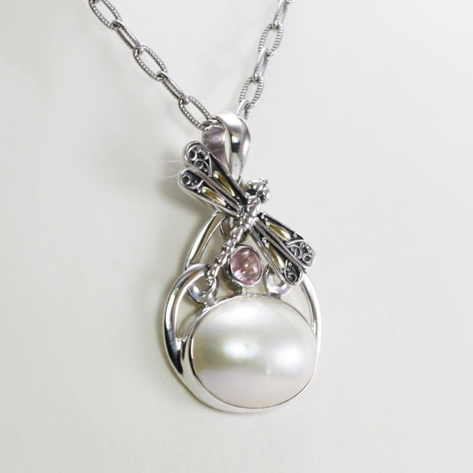 white mabe pearl pendant necklace 925 sterling silver oval shape decorated with pink tourmaline and dragonfly ornament with 18 k gold