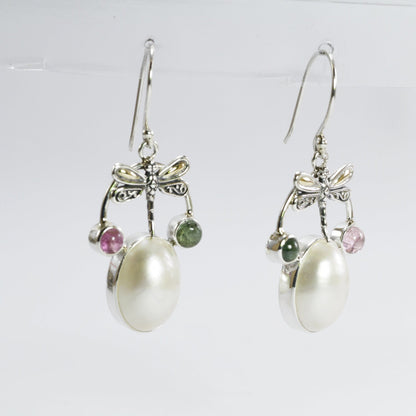 dragonfly earrings 925 sterling silver with 18 K gold, genuine tourmaline and oval shape mabe pearl