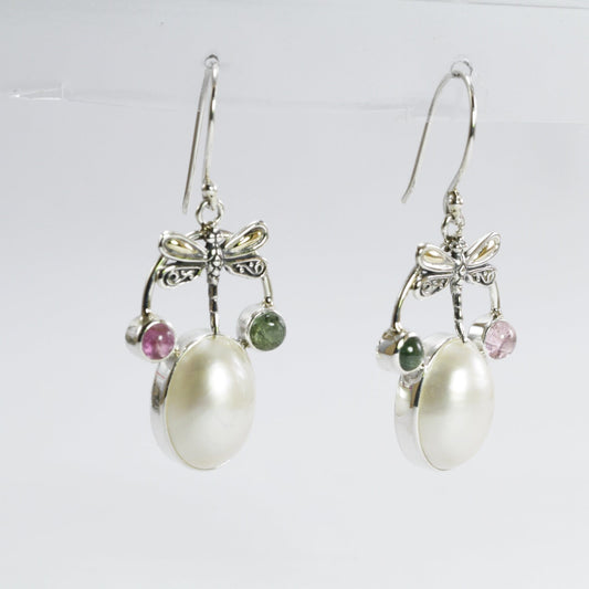dragonfly earrings 925 sterling silver with 18 K gold, genuine tourmaline and oval shape mabe pearl