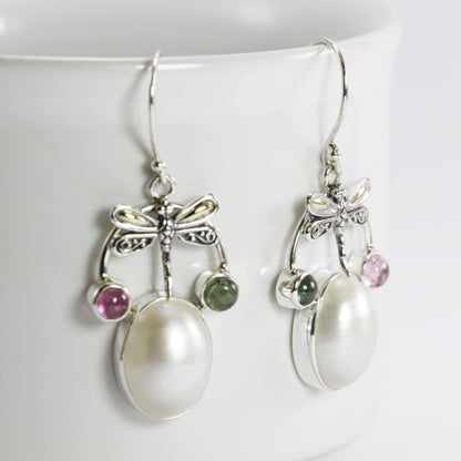 dragonfly earrings 925 sterling silver with 18 K gold, genuine tourmaline and oval shape mabe pearl