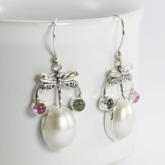 dragonfly earrings 925 sterling silver with 18 K gold, genuine tourmaline and oval shape mabe pearl