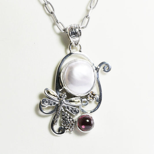dragonfly pendant necklace 925 sterling silver with 18 k gold, pink tourmaline and white pearl baroque
