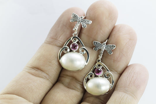 Beautiful dangle drop dragonfly earrings with genuine white mabe pearl and natural pink tourmaline,