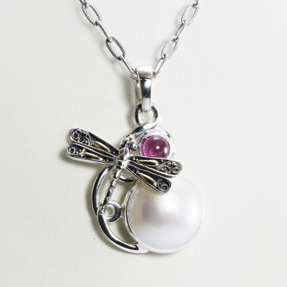 Beautiful handmade Dragonfly Pendant with natural Pink tourmaline and genuine Round mabe pearl decorated with 18K yellow gold on the wings