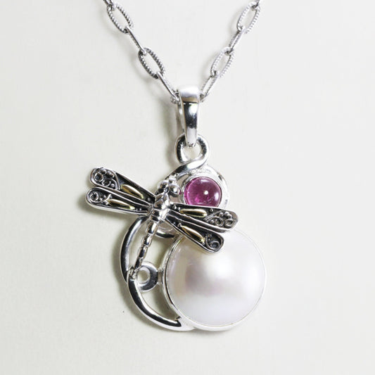 Beautiful handmade Dragonfly Pendant with natural Pink tourmaline and genuine Round mabe pearl decorated with 18K yellow gold on the wings