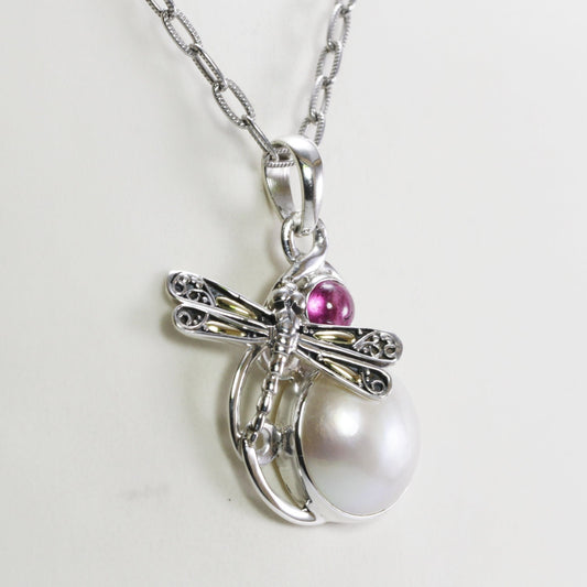 Beautiful handmade Dragonfly Pendant with natural Pink tourmaline and genuine Round mabe pearl decorated with 18K yellow gold on the wings