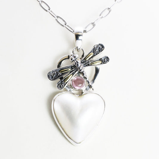 Dragonfly Pendant with natural Pink tourmaline and genuine Heart mabe pearl decorated with 18K yellow gold on the wings