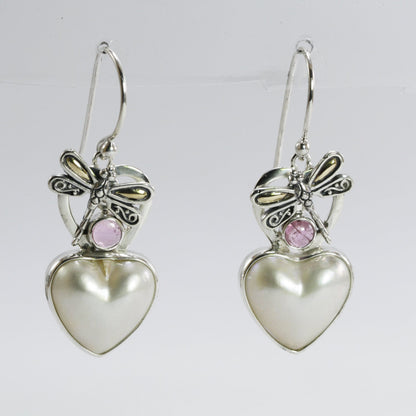sweet dragonfly dangle earrings with 18k gold on the wings combined with genuine white mabe pearl and natural  pink tourmaline