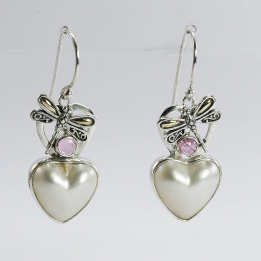sweet dragonfly dangle earrings with 18k gold on the wings combined with genuine white mabe pearl and natural  pink tourmaline