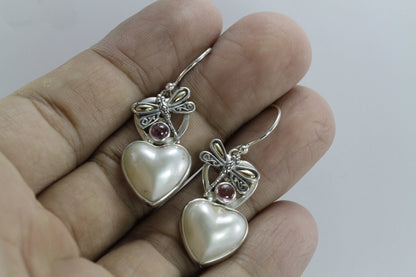 sweet dragonfly dangle earrings with 18k gold on the wings combined with genuine white mabe pearl and natural  pink tourmaline