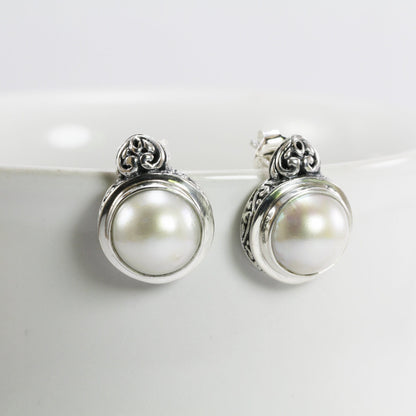 Genuine Round 12mm mabe pearl stud earrings set in Bali handmade 925 sterling silver decorated with swirl filigree art,