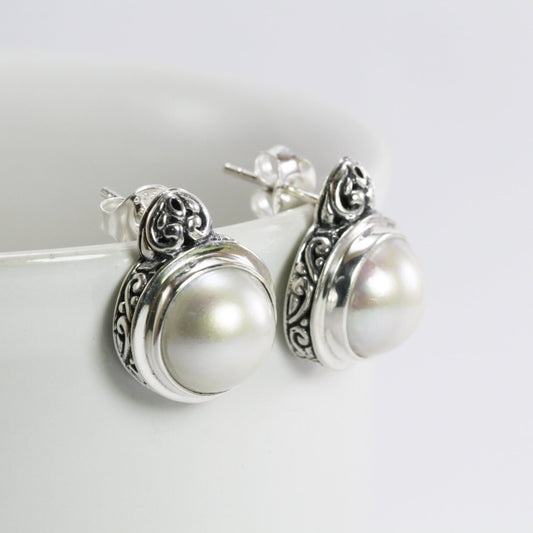 Genuine Round 12mm mabe pearl stud earrings set in Bali handmade 925 sterling silver decorated with swirl filigree art,