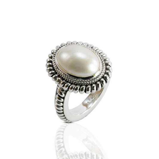 Handmade woven Cable ring design in 925 sterling silver with genuine white  Pacific Ocean mabe pearl, 10*14 MM oval white mabe pearl ring,