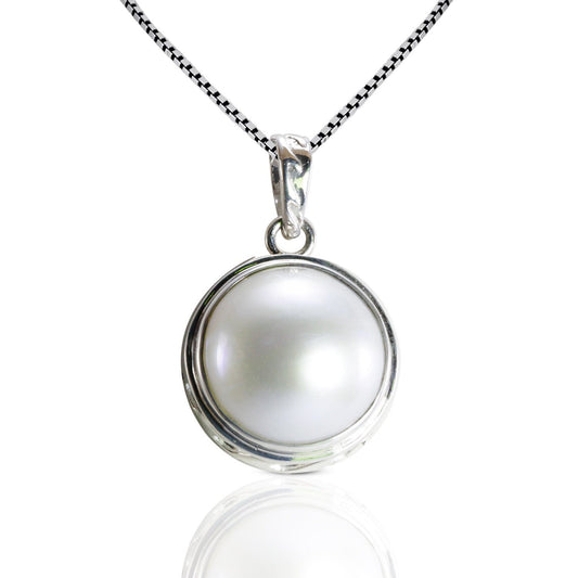 Genuine round 15 MM white Mabe pearl set in 925 sterling silver pendant bezel set decorated with sea wave art carving