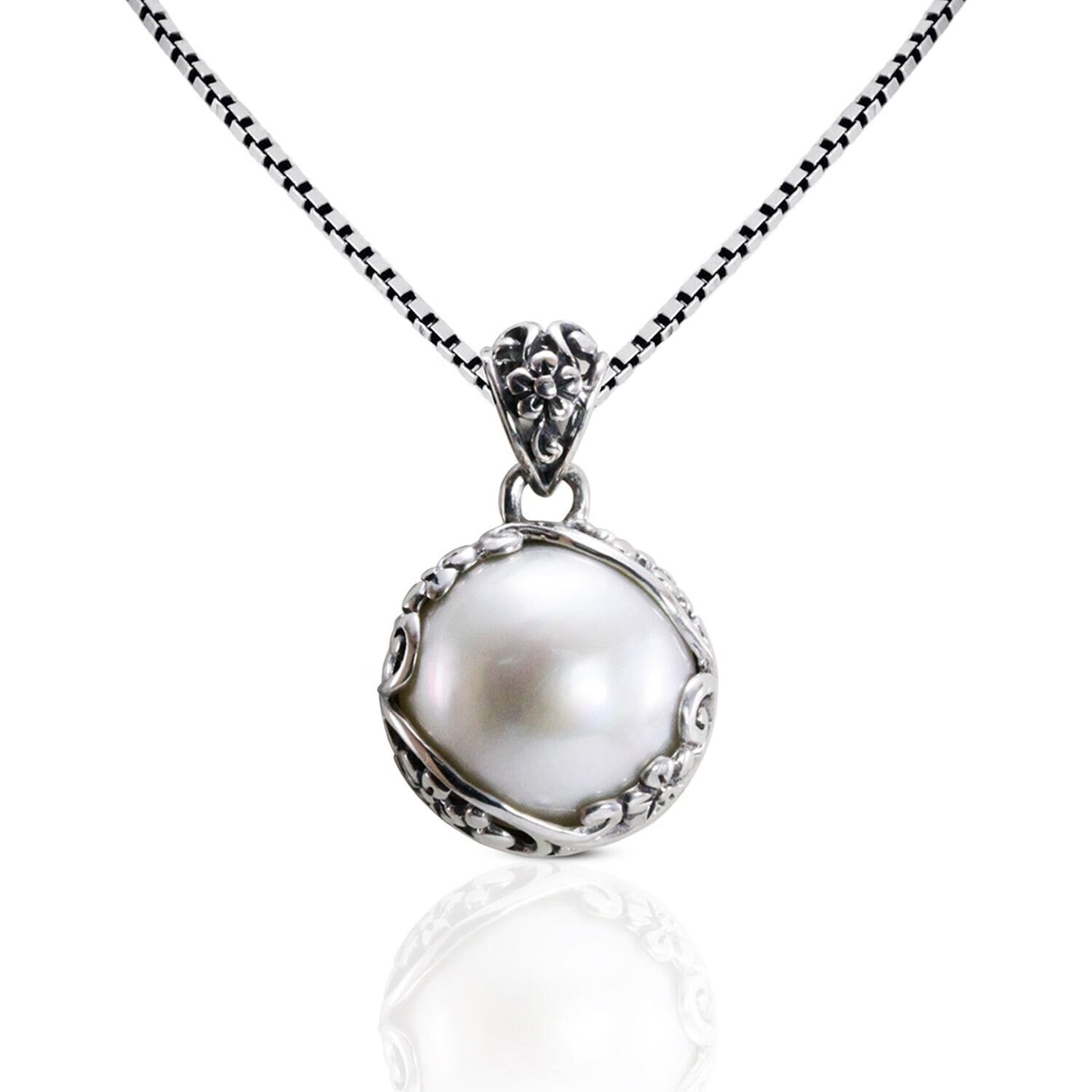 mabe pearl pendant with beautiful  floral art edge in 925 sterling silver