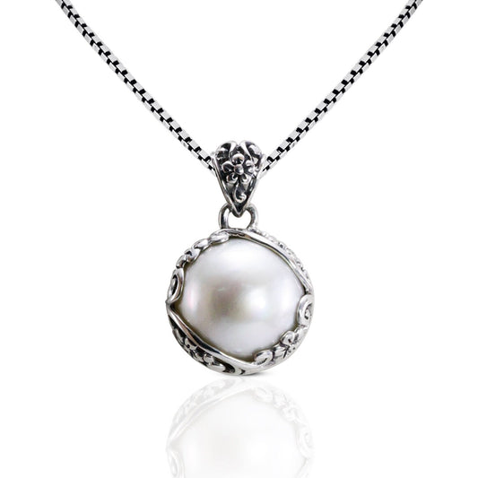 mabe pearl pendant with beautiful  floral art edge in 925 sterling silver