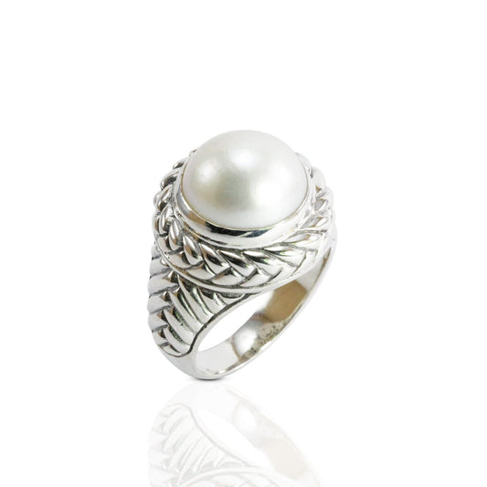 Bali Handmade ring 925 sterling silver with bezel set genuine 13 mm white mabe pearl decorated with beautiful woven art carving