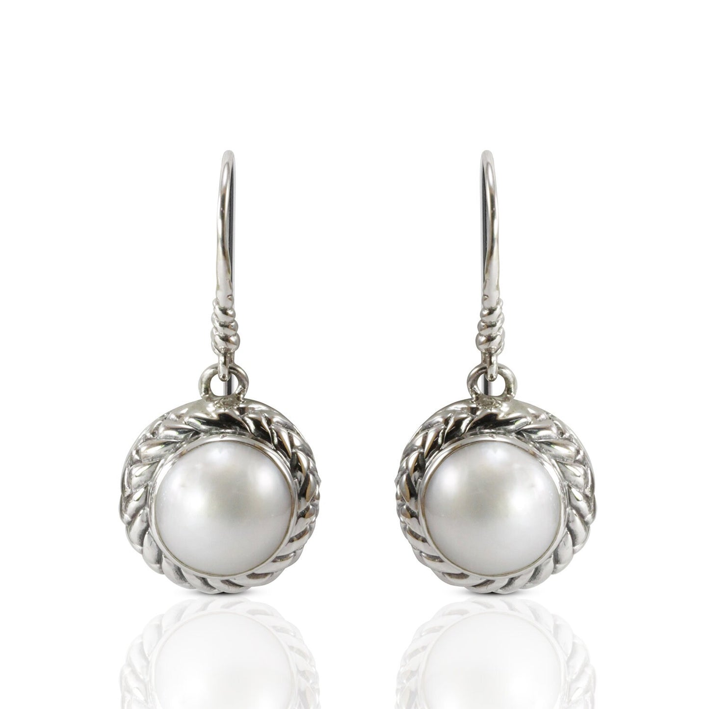 Beautiful white mabe pearl dangle drop earrings set in handmade woven edge carving art 925 sterling silver