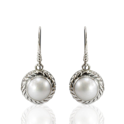Beautiful white mabe pearl dangle drop earrings set in handmade woven edge carving art 925 sterling silver