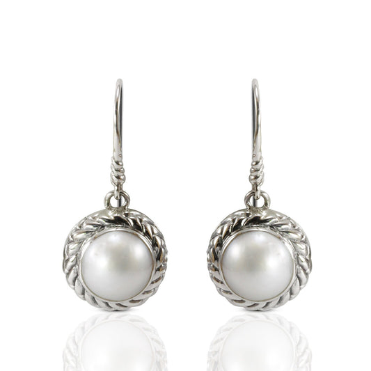 Beautiful white mabe pearl dangle drop earrings set in handmade woven edge carving art 925 sterling silver