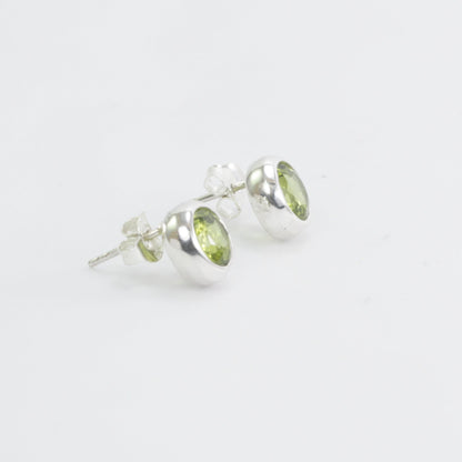 Natural Peridot stud earrings set in 925 sterling silver push back closure 7 mm round
