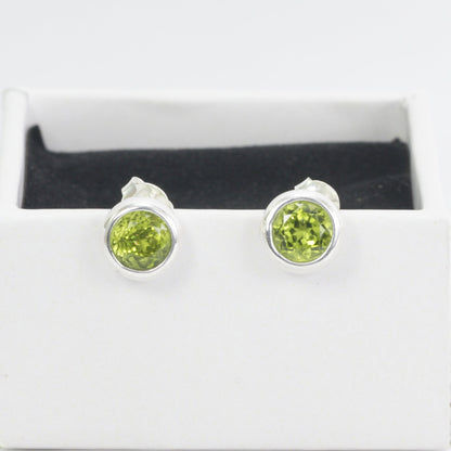 Natural Peridot stud earrings set in 925 sterling silver push back closure 7 mm round