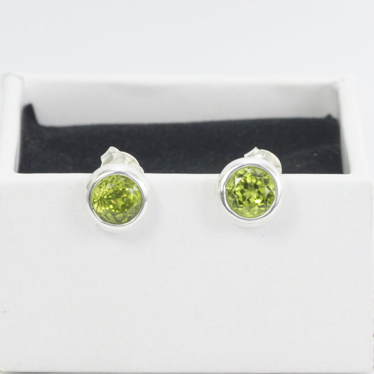 Natural Peridot stud earrings set in 925 sterling silver push back closure 7 mm round