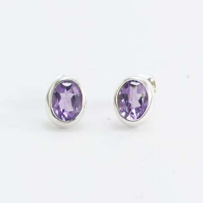 Oval Amethyst Earrings Studs 6*8 oval shape bezel set in 925 stud earrings push back closure