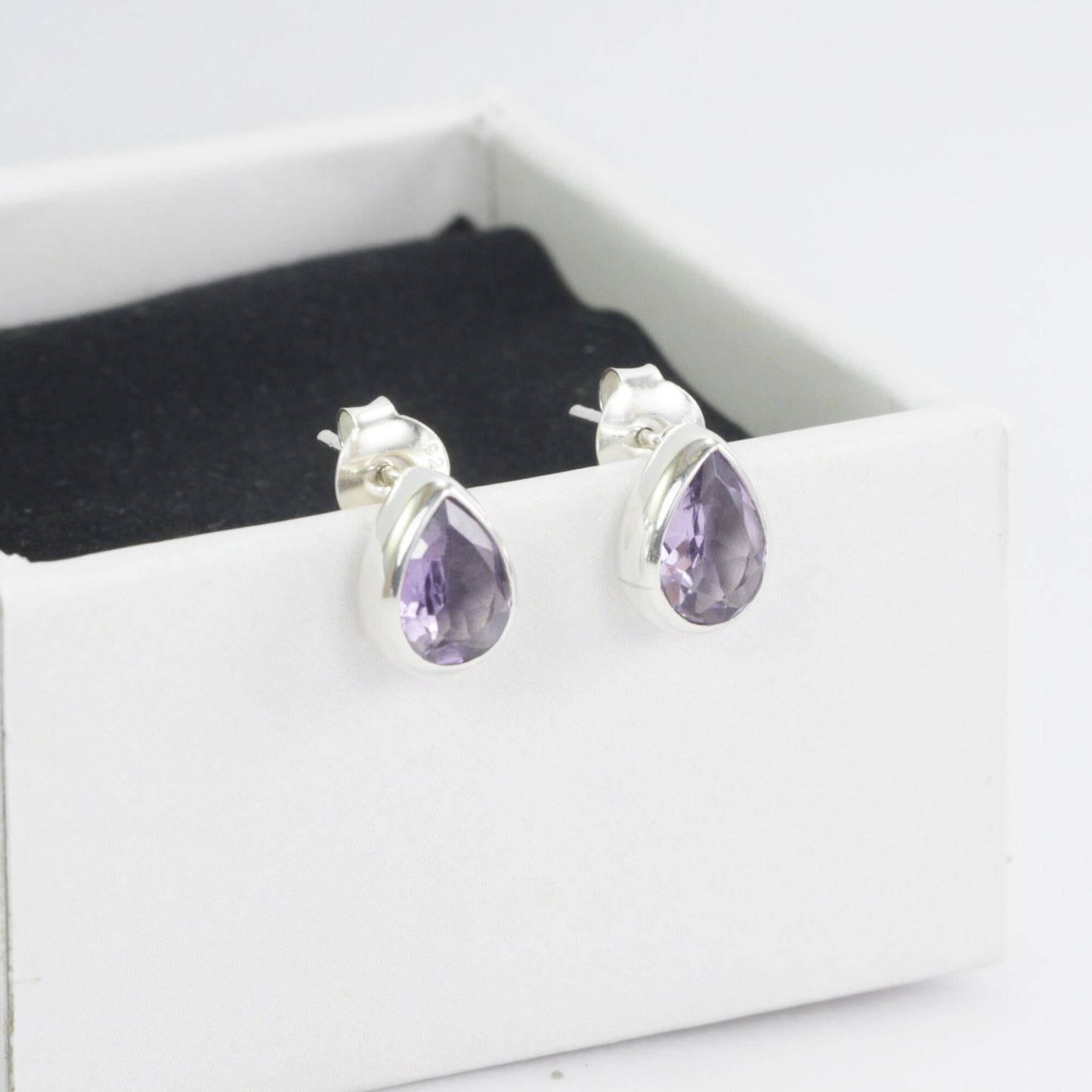 Teardrop Amethyst Earrings Studs 6*9 mm bezel set in 925 stud earrings push back closure
