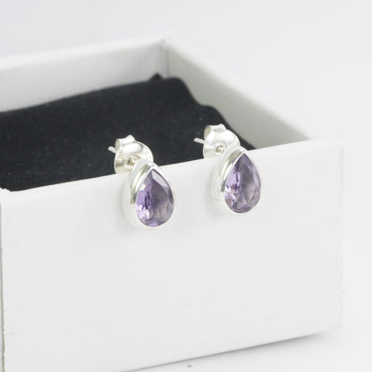 Teardrop Amethyst Earrings Studs 6*9 mm bezel set in 925 stud earrings push back closure