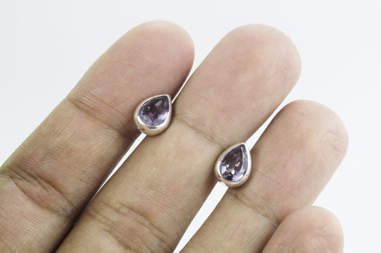 Teardrop Amethyst Earrings Studs 6*9 mm bezel set in 925 stud earrings push back closure