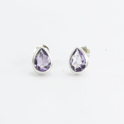 Teardrop Amethyst Earrings Studs 6*9 mm bezel set in 925 stud earrings push back closure